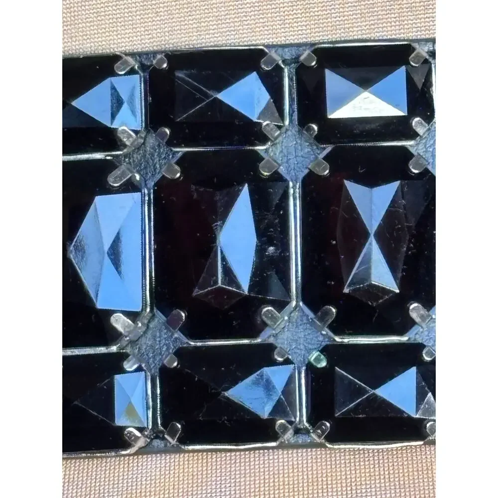 Vintage Black Elastic Faceted Stone Waist Belt Statement Studded Stretch Cinch